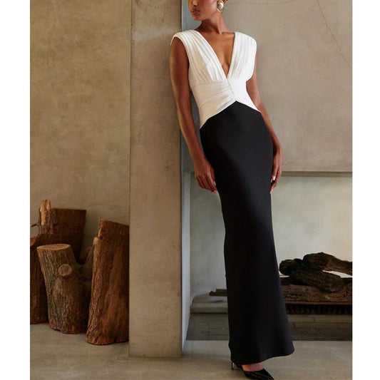 V-neck dress high-end celebrity style splicing temperament elegant long dress women's hip skirt