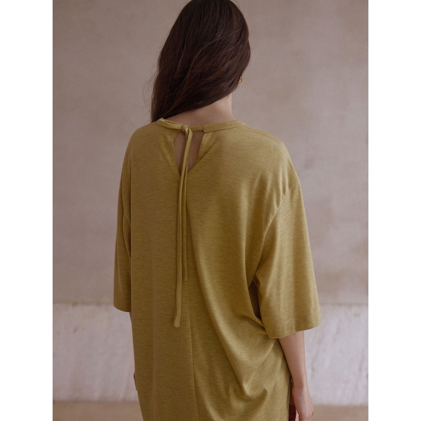 Autumn New Wool Blended Back Neck Split Strap Small Crew Neck Loose T-Shirt