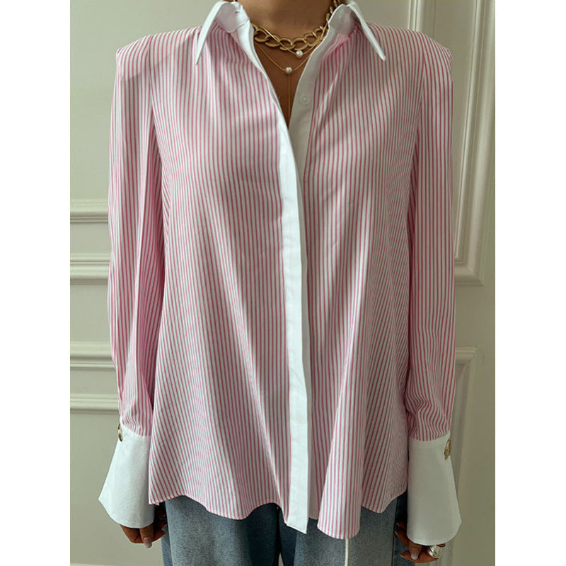 Spring and Autumn Temperament Commuter Fashion Casual High-end Shirt Women's Splicing Long Sleeve Striped Women's Shirt