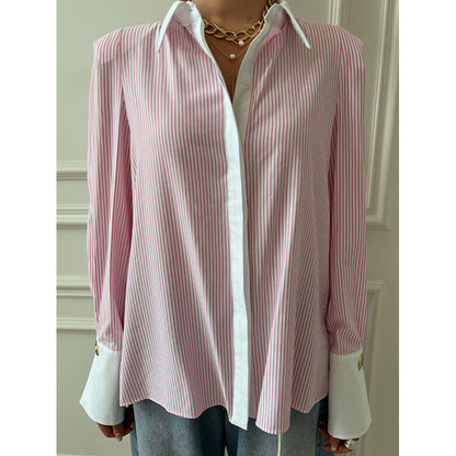 Spring and Autumn Temperament Commuter Fashion Casual High-end Shirt Women's Splicing Long Sleeve Striped Women's Shirt