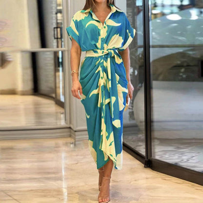 Elegant Lapel Collar Printed High-Waist Maxi Dress