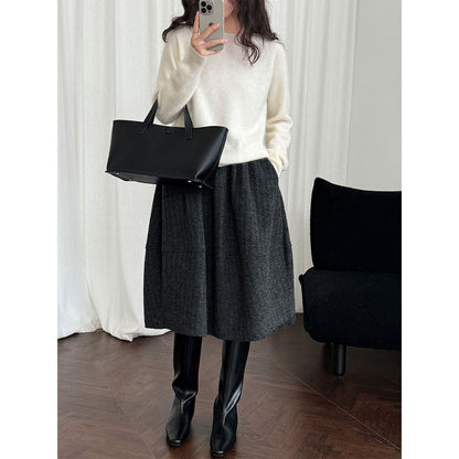 Retro new woolen skirt autumn and winter Korean version medium and long skirt pleated and thin A-shaped skirt