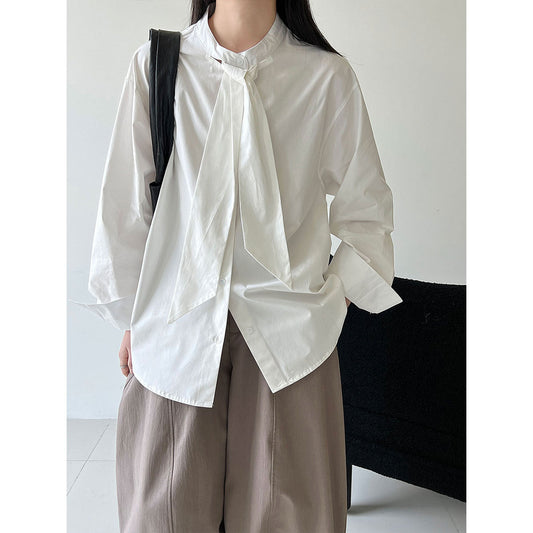Korean design sense tie solid color shirt women's new temperament loose casual shirt