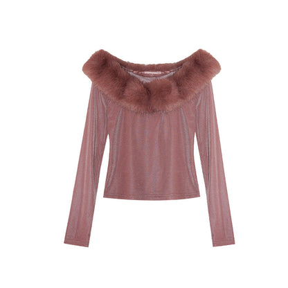 Spice Girl Pure Desire Long Sleeve Off-Shoulder Fur Collar Slim-Fit Bottom Shirt