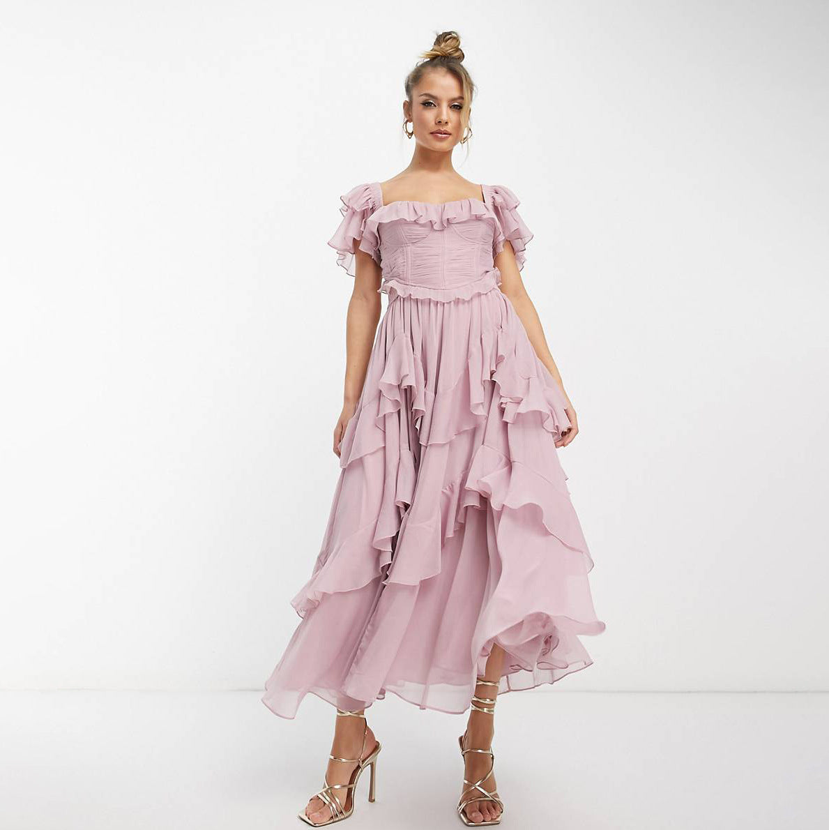 Holiday lace halter hollow cake skirt ruffle pleated long skirt
