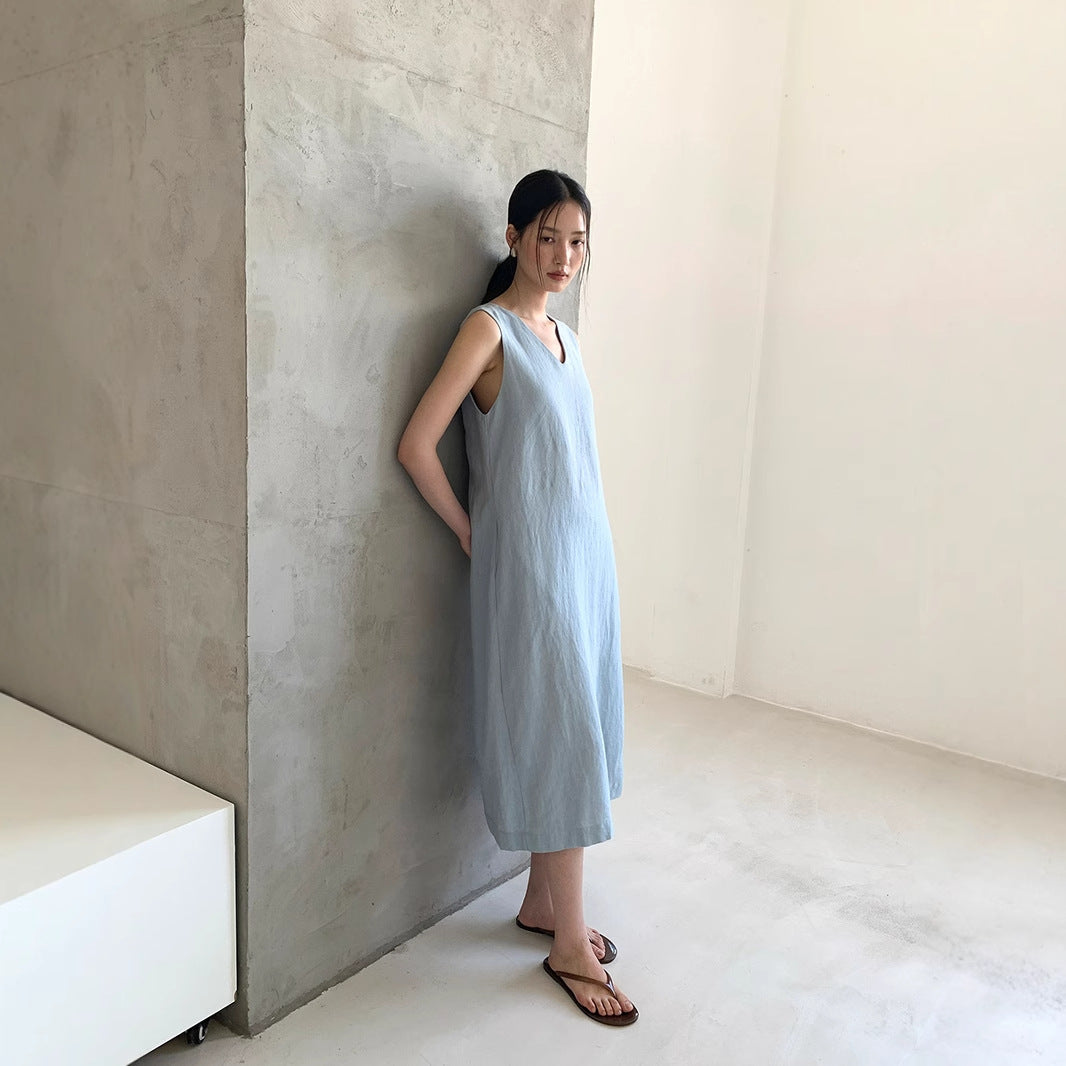 Ramie backless A word belly covering and thin v-neck sleeveless dress