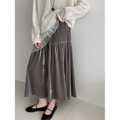 Gentle wind velvet high waist skirt women's 26 early spring new Korean versatile splicing A-shaped skirt