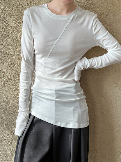 Korean irregular slim-fit T-shirt women's spring new cutting line pile wrinkled bottoming shirt top