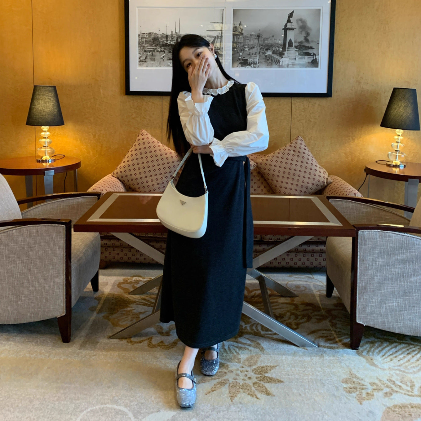 Gentle temperament waist long-sleeved knitted splicing dress