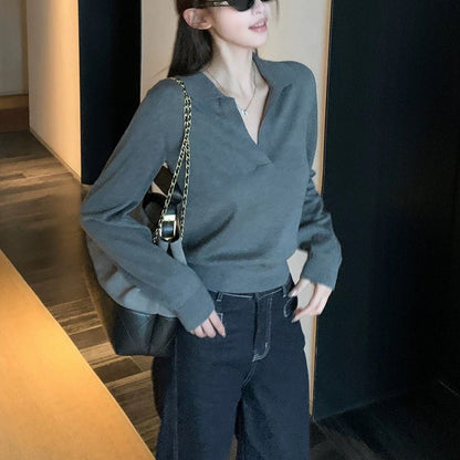 Polo Collar Knitted Sweater Women Loose Fit Long Sleeve Casual Top