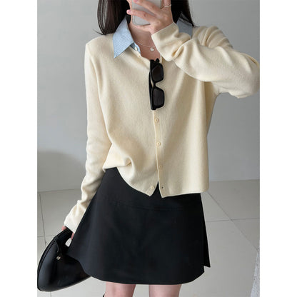 Fake two-piece splicing knitted cardigan women's Spring Festival lazy wind contrasting color shirt collar wide top