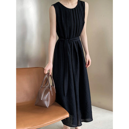French imitation linen pleated sleeveless A-shaped dress, thin high-end vest skirt, vacation dress