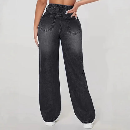 Washed Distressed Ripped Denim Jeans | Women's Casual Straight Trousers
