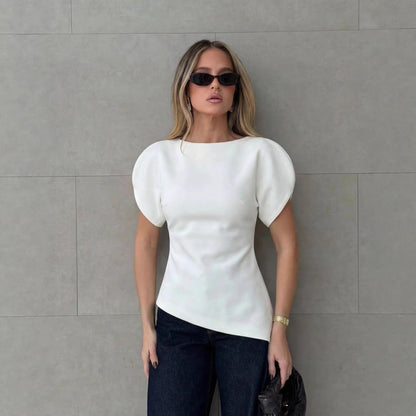 Puff Sleeve Top Women Round Neck Asymmetrical Slim Fit T-Shirt