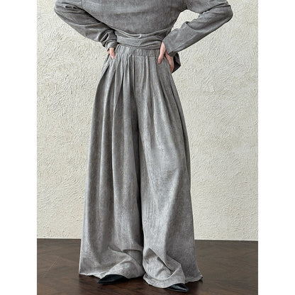 Irregular swing collar dew slanted shoulder top + wide-leg pants two-piece set autumn suede spice girl foreign style set