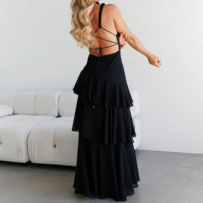 Fashion sexy long dress backless French suspender dress high waist cake dress light luxury pleated