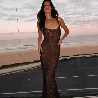 Rhinestone Embellished Halter Bodycon Maxi Dress