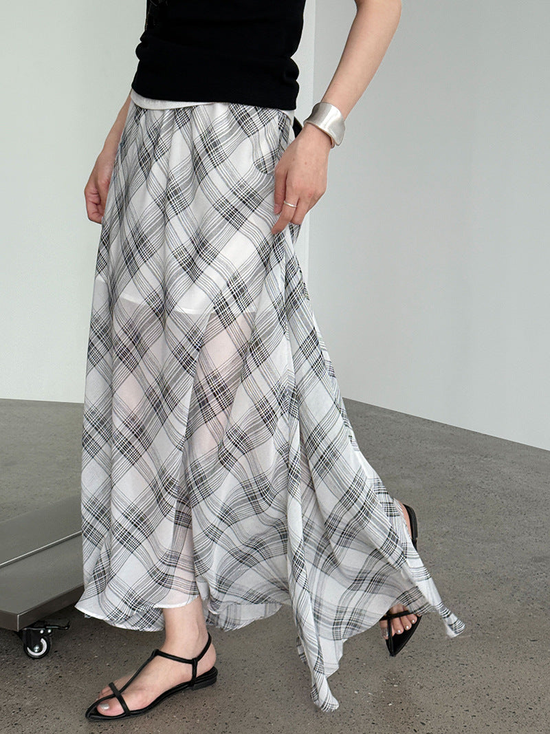Korean simple plaid A-word skirt women's summer new tulle drape irregular skirt