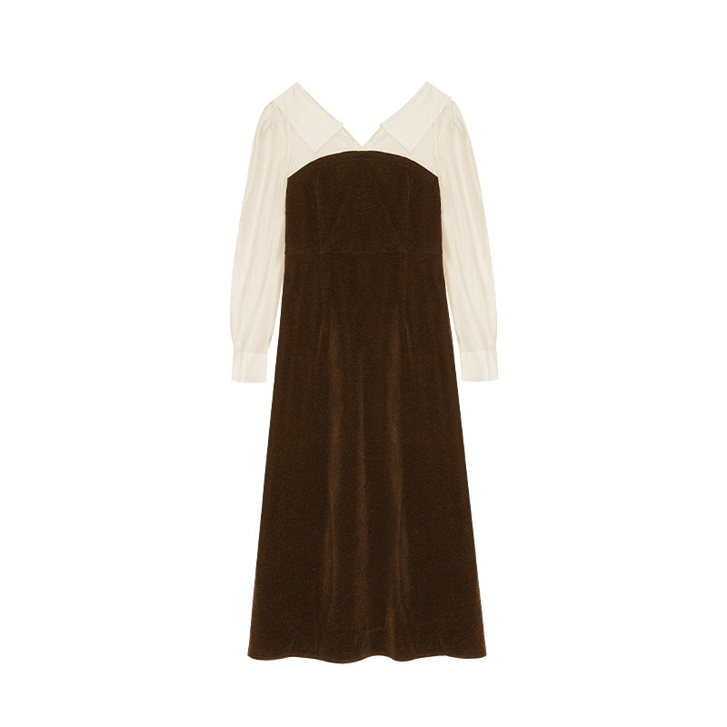 Commuter fake two-piece lapel long-sleeved velvet dress