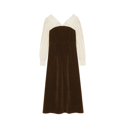 Commuter fake two-piece lapel long-sleeved velvet dress
