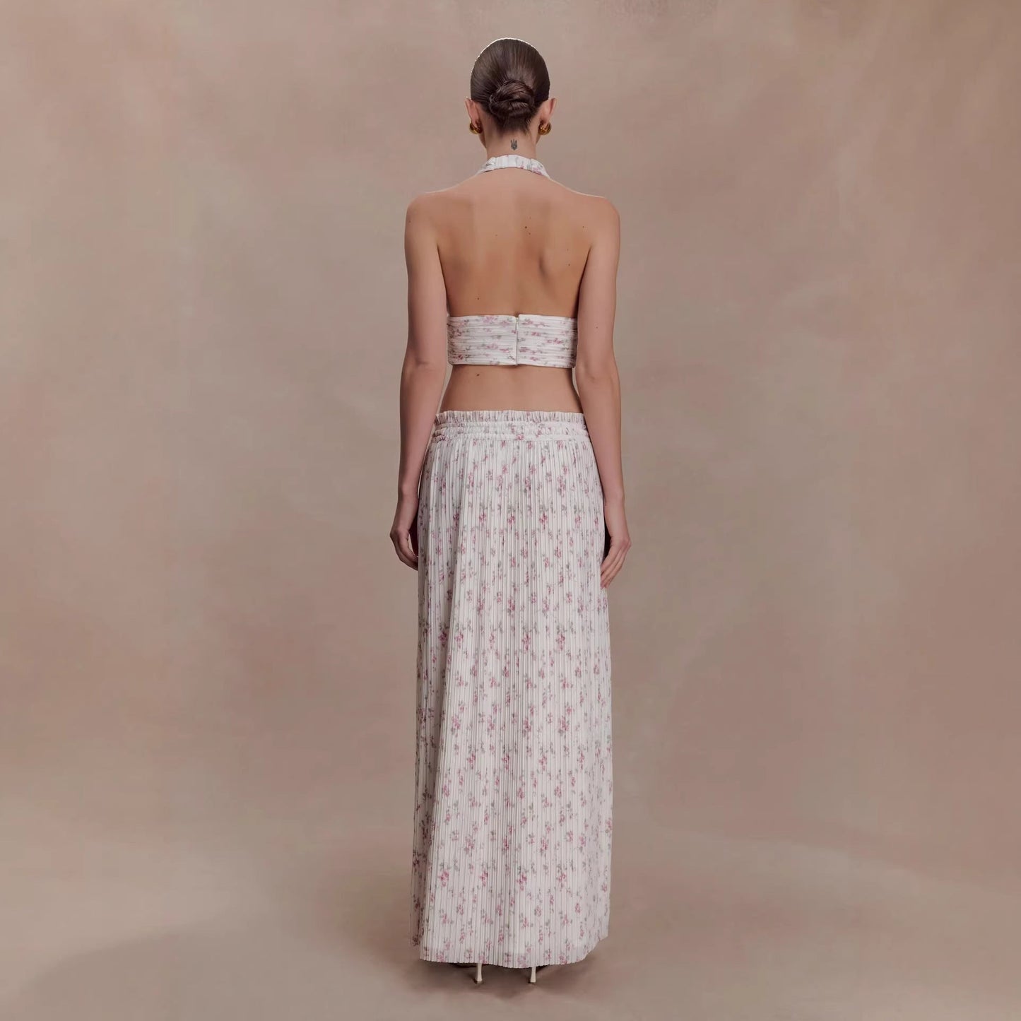 Sexy printed skirt set pleated deep V neck top skirt two-piece set