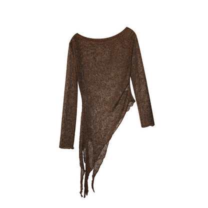 Autumn French pure desire wind hollowed-out slanted shoulder long-sleeved asymmetrical knitted sweater