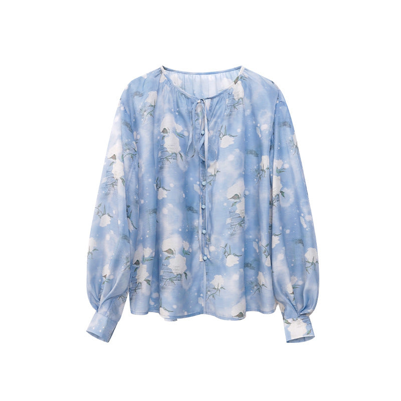 Romantic coffee break beautiful rose print chiffon shirt