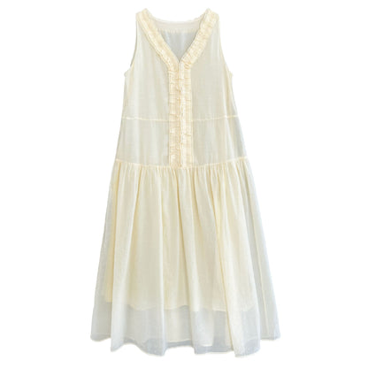 French clear fungus edge A word big swing dress women's summer sweet v-neck sleeveless dress