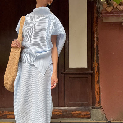 Miyake Pleated Two-Piece Set Women Minimalist Irregular Top and Skirt