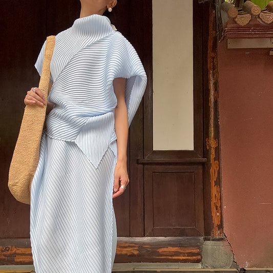 Miyake Pleated Two-Piece Set Women Minimalist Irregular Top and Skirt