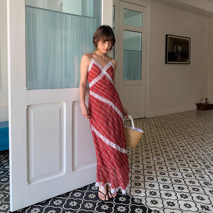 Red checked lace stitching suspender dress