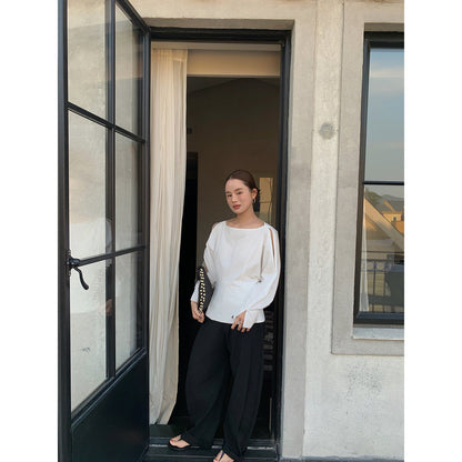 Cotton long-sleeved design off-the-shoulder waist white shirt