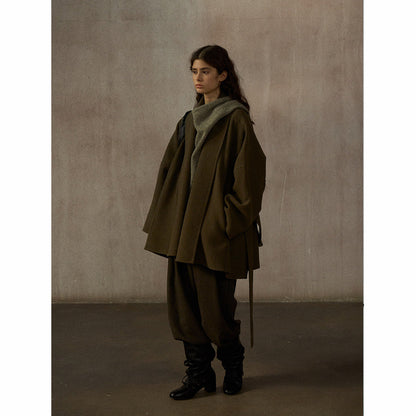 Wool thermal bat silhouette simple commuter bathrobe collar strap double-sided jacket