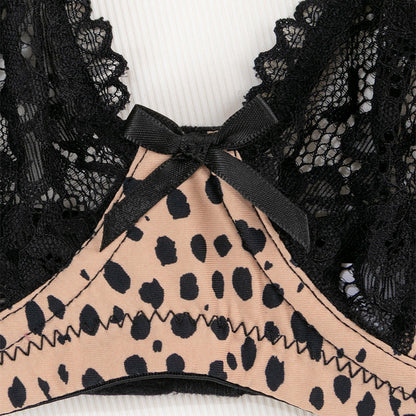 New sexy leopard print large size underwear women's ultra-thin lace printing gathering breathable bra set