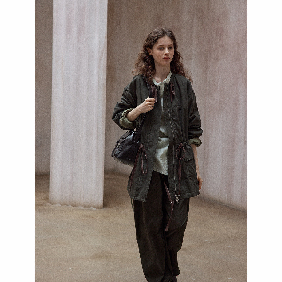 Washed cotton contrasting color drawstring loose round neck autumn new retro commuter jacket