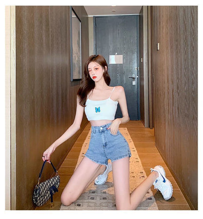 High Waist Denim Shorts Women Wide Leg Straight Fit Cropped Pants