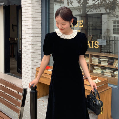 French lace collar shows thin temperament bubble sleeve dress