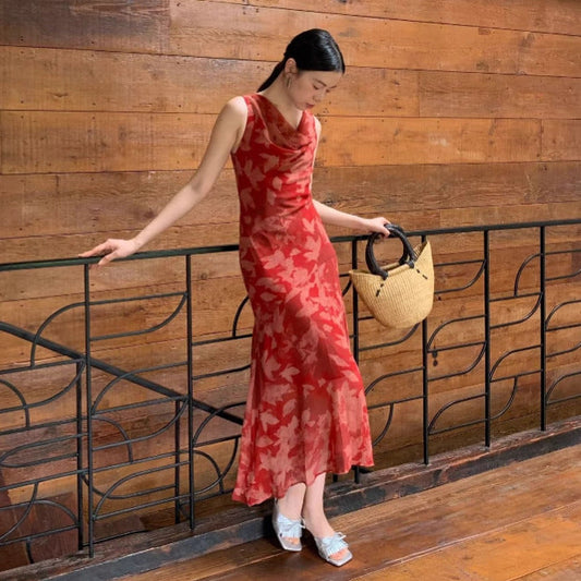 Women's High-Waist Floral Print Swing Collar Sleeveless A-Line Maxi Dress