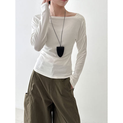Korean asymmetrical button off-shoulder long-sleeved high-elastic bottoming shirt top women's Qiuxin slim-fitting and thin knitted sweater