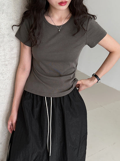 Korean version front shoulder short-sleeved T-shirt women's summer new back hollow waist round neck slim top