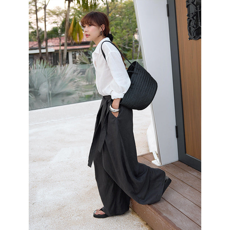 Slant placket strap lazy loose wide-leg tencel linen slacks