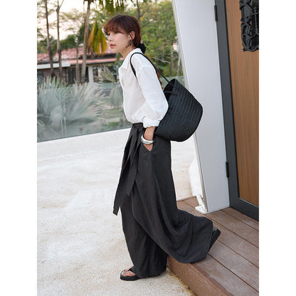 Slant placket strap lazy loose wide-leg tencel linen slacks