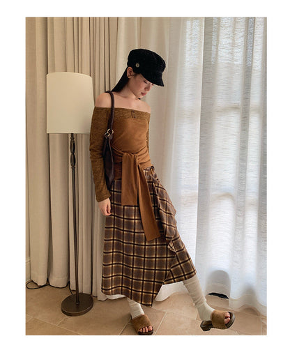 Leather buckle design irregular a word high waist plaid skirt