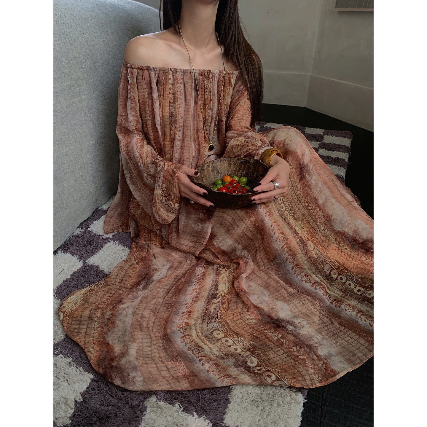 Spring retro vacation wind pendant elegant pleated silk print skirt
