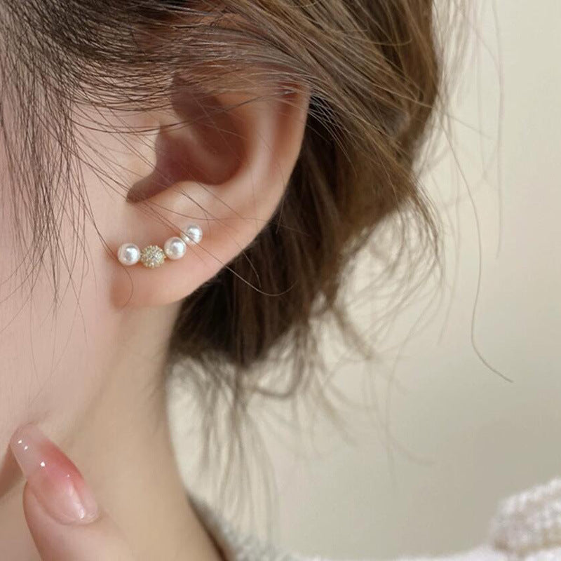 Light luxury small micro-inlaid pearl zircon smile one-word curved stud earrings sweet high-end simple earrings earrings women