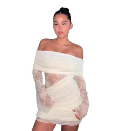 Fashion temperament lace splicing shoulder dress hollow Spice girl knitted skirt women