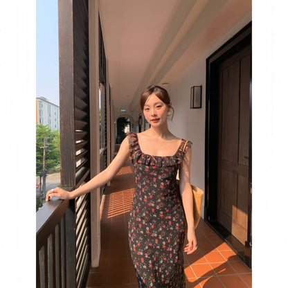 Beautiful floral dress square collar temperament dress
