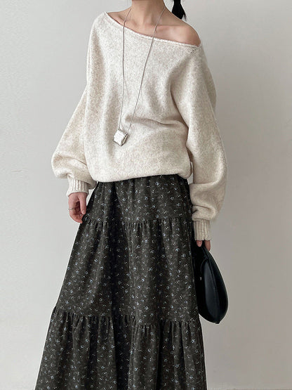 Retro floral splicing large skirt high waist skirt women's autumn new thin plush dress 1728