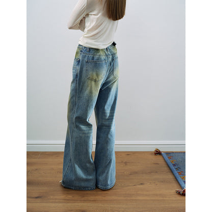 Spring casual high-waisted retro nostalgic easy versatile flared denim trousers