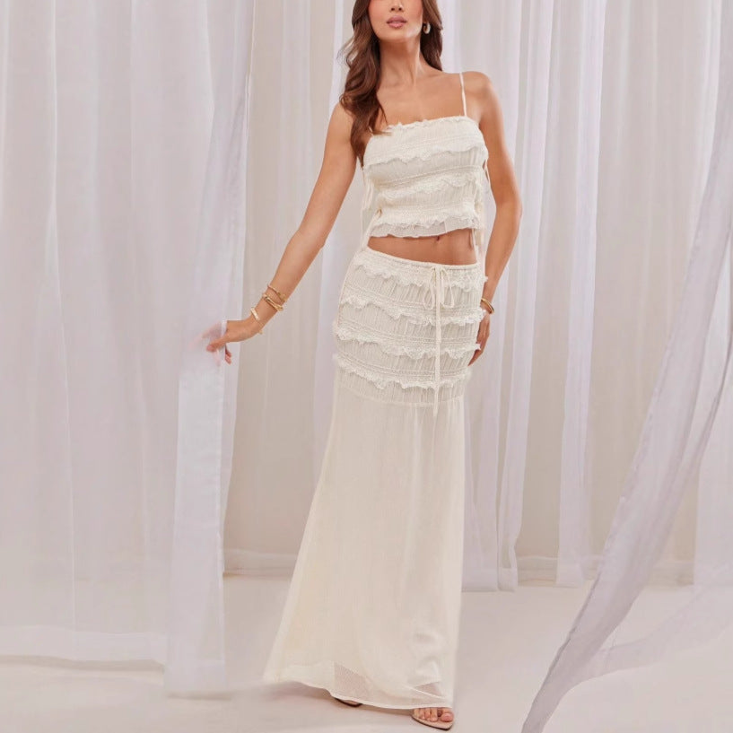 Women's French fashion new sexy suspender top skirt set lace lace two-piece set